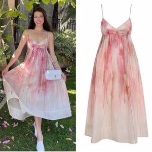 Zimmermann Pink and White Dancer Empire Waist Midi Dress in Abstract Blush sz 0